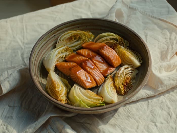 Miso-Glazed Salmon with Roasted Cabbage, plated and ready to serve