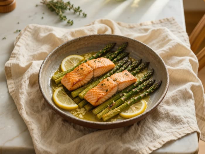 Sheet-Pan Salmon with Asparagus, plated and ready to serve