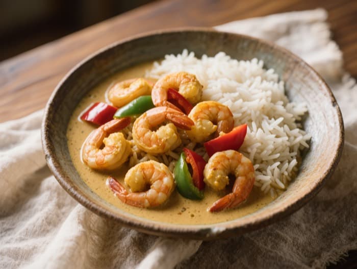 Coconut Shrimp Curry, plated and ready to serve