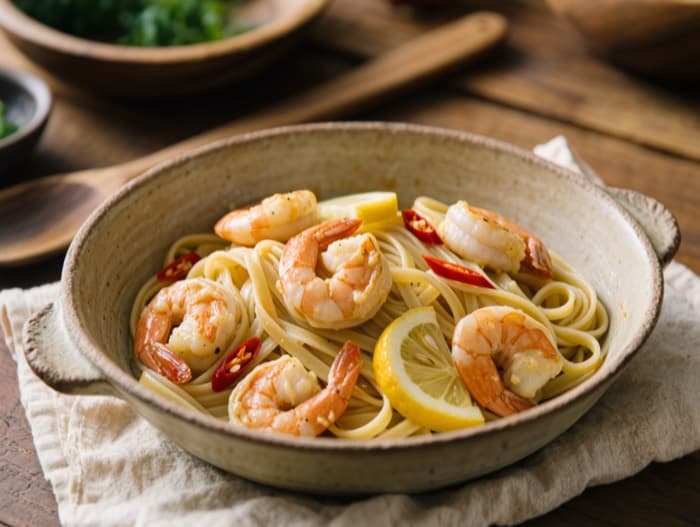 Garlic Butter Shrimp Pasta, plated and ready to serve