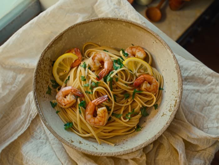 Garlic Butter Shrimp Linguine, plated and ready to serve