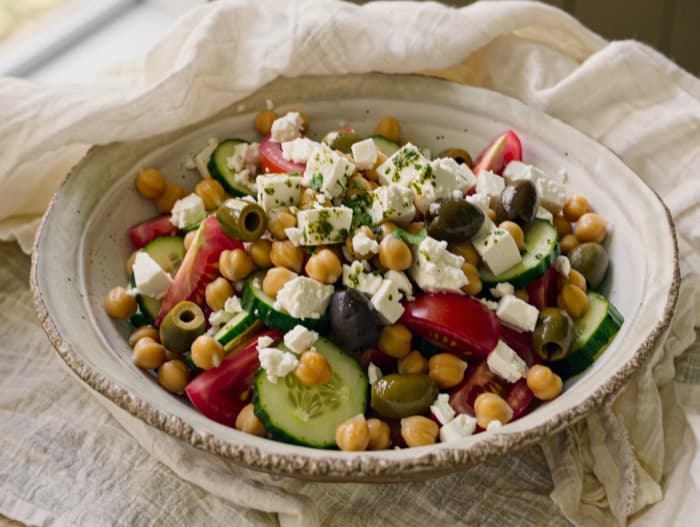 Greek Chickpea Salad with Feta, plated and ready to serve