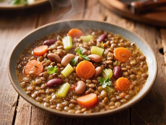 Hearty Lentil Soup, plated and ready to serve