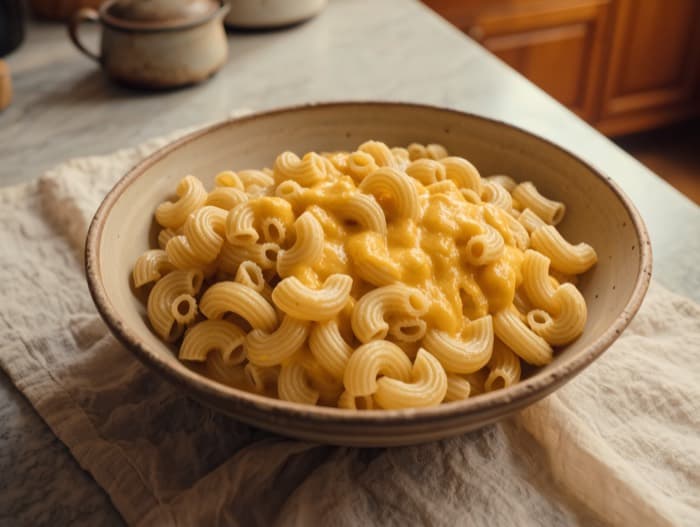 Stovetop Macaroni and Cheese, plated and ready to serve