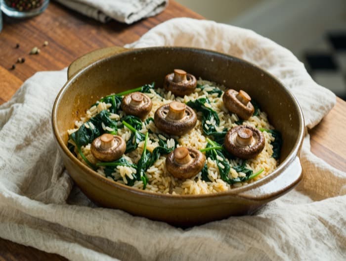 Mushroom and Spinach Rice Skillet, plated and ready to serve