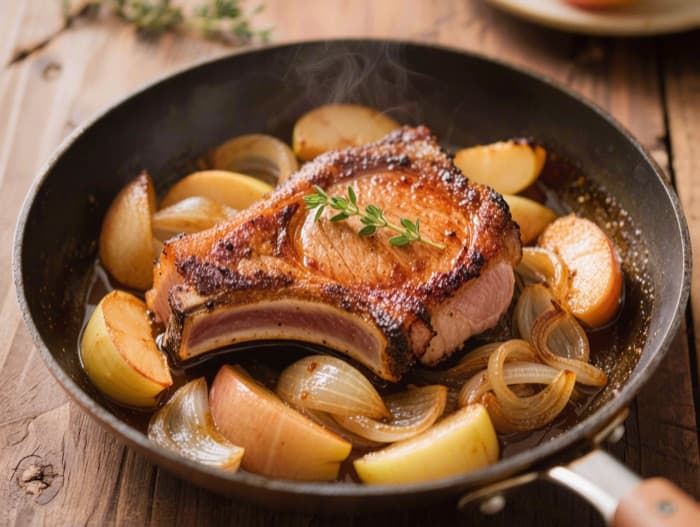 Skillet Pork Chops with Apples and Onions, plated and ready to serve