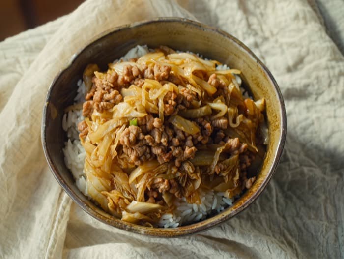 Ground Pork and Cabbage Stir-Fry, plated and ready to serve