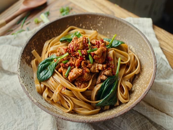 Spicy Pork Noodles, plated and ready to serve