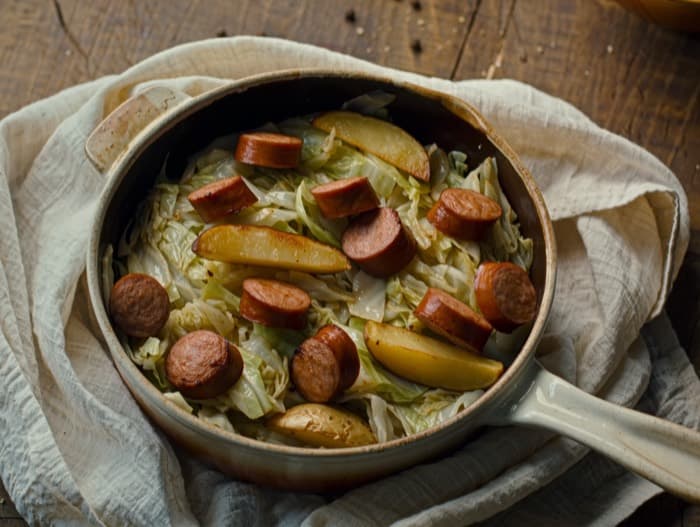 Kielbasa, Cabbage and Potato Skillet, plated and ready to serve