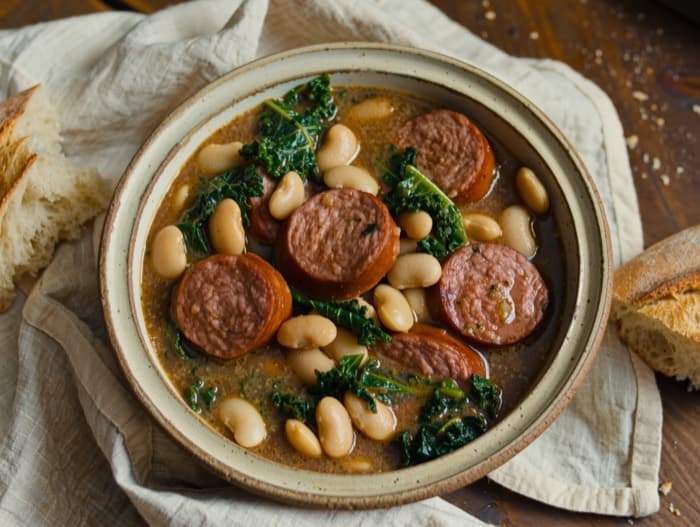 Italian Sausage and White Bean Stew, plated and ready to serve