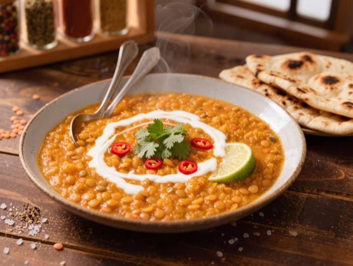 Red Lentil and Coconut Curry, plated and ready to serve