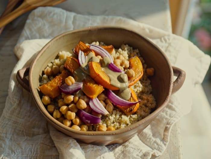 Roasted Vegetable Quinoa Bowls, plated and ready to serve