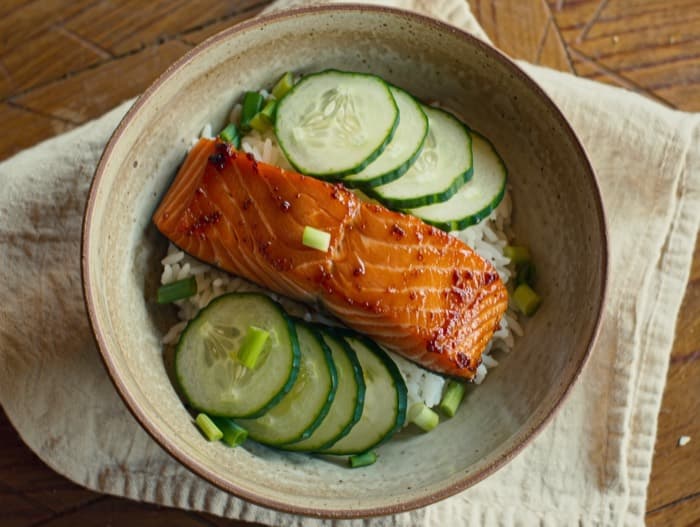 Teriyaki Salmon Rice Bowls, plated and ready to serve
