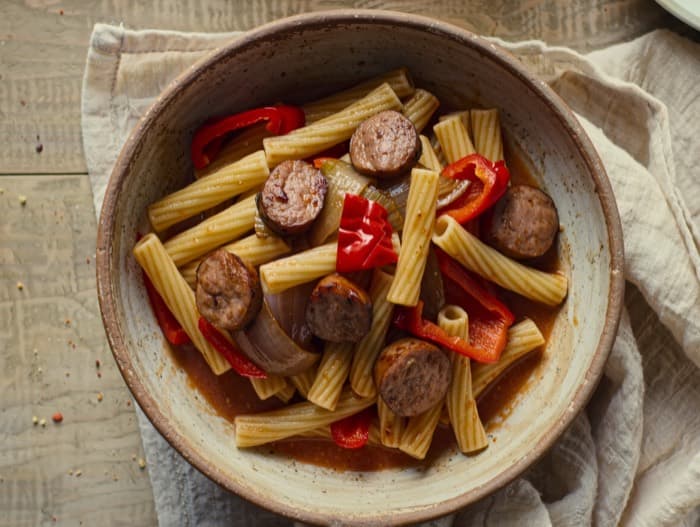 Italian Sausage and Peppers with Rigatoni, plated and ready to serve