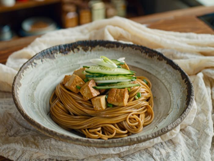 Peanut Noodles with Tofu, plated and ready to serve