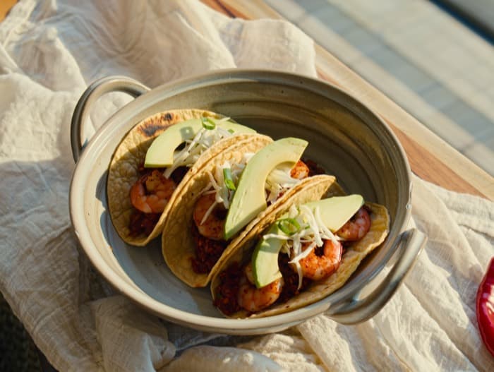 Shrimp Tacos with Lime Slaw, plated and ready to serve