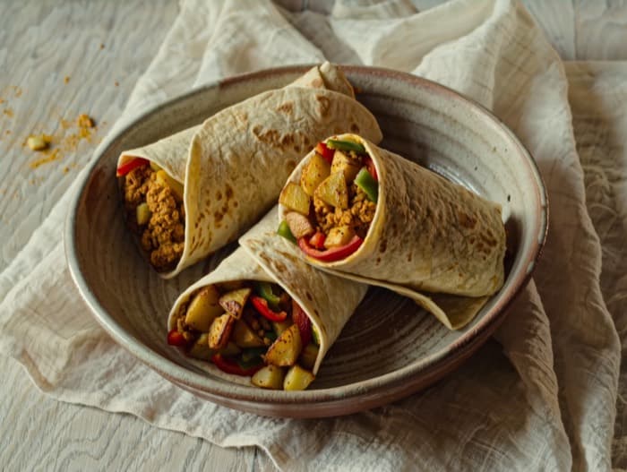 Tofu Breakfast-for-Dinner Burritos, plated and ready to serve