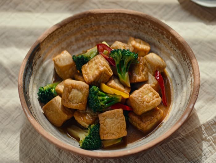 Crispy Tofu Vegetable Stir-Fry, plated and ready to serve