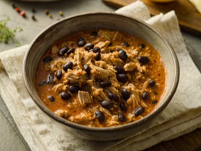 Turkey and Black Bean Chili, plated and ready to serve