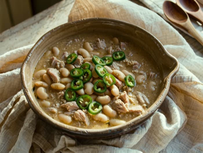 White Bean Turkey Chili, plated and ready to serve