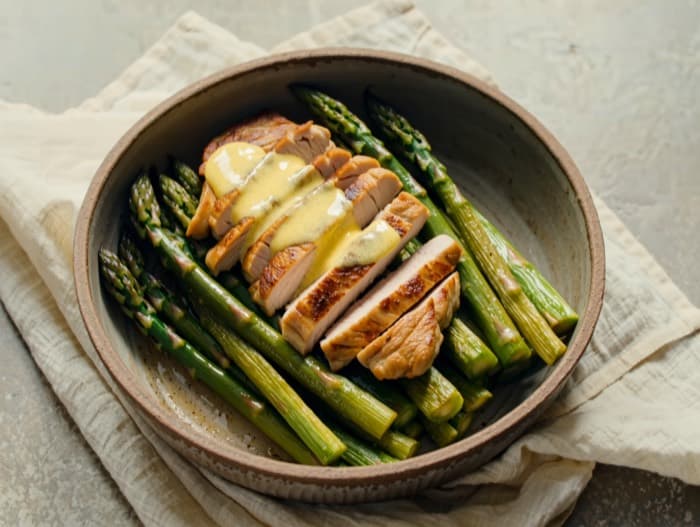 Lemon Turkey Cutlets with Asparagus, plated and ready to serve