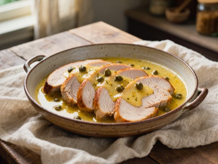 Turkey Cutlets with Lemon and Capers, plated and ready to serve