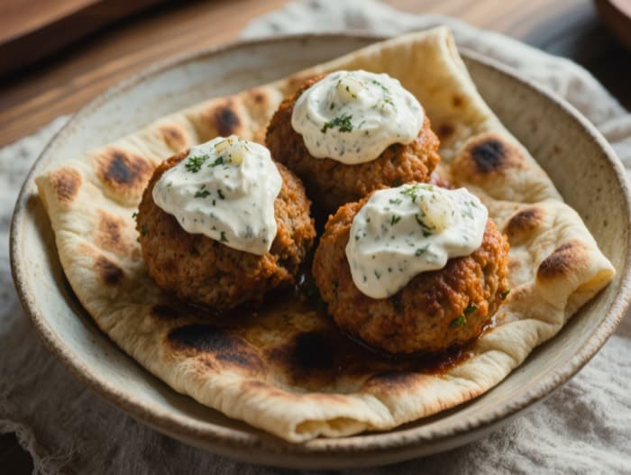 Turkey Kofta with Yogurt Sauce, plated and ready to serve