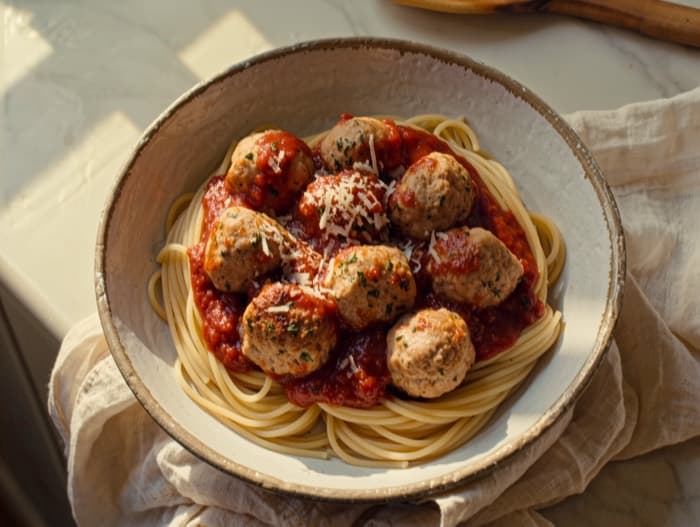 Baked Turkey Meatballs in Marinara, plated and ready to serve