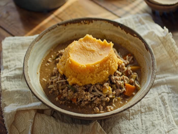 Turkey Cottage Pie with Sweet Potato Mash, plated and ready to serve