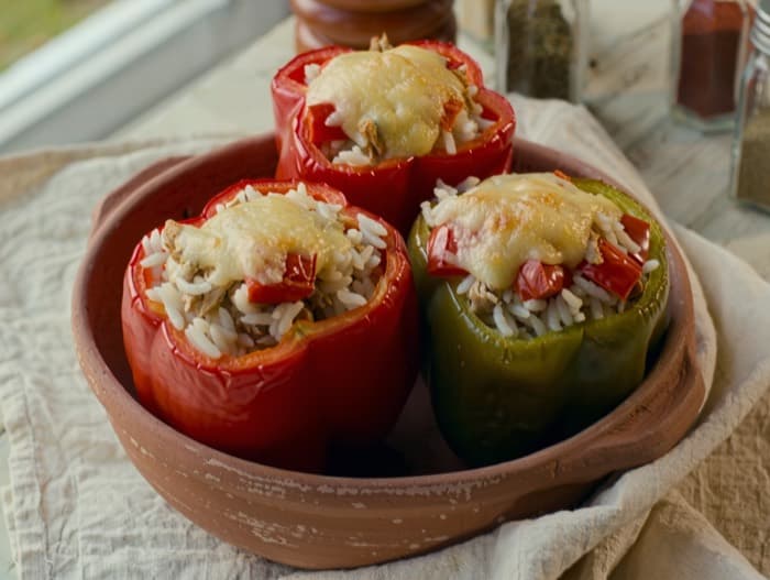Turkey and Rice Stuffed Peppers, plated and ready to serve