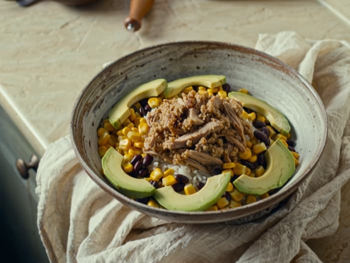 Turkey Taco Rice Bowls, plated and ready to serve
