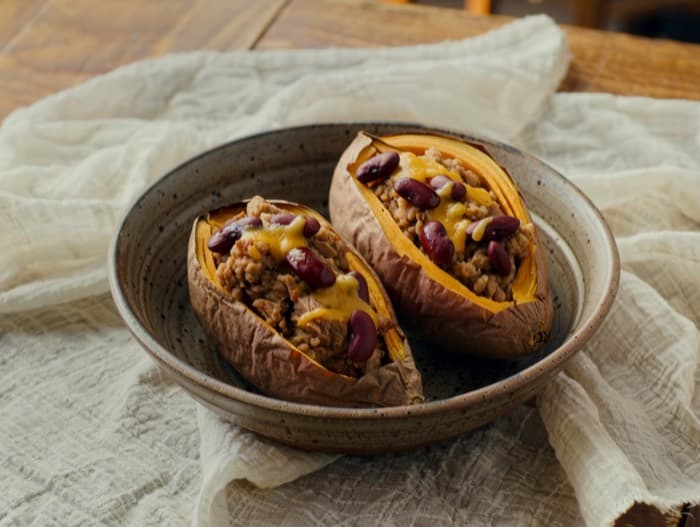 Turkey Taco Stuffed Sweet Potatoes, plated and ready to serve