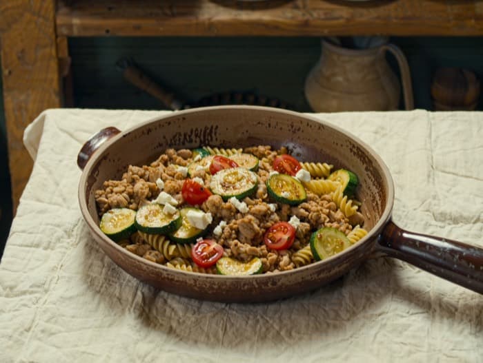 Turkey and Zucchini Skillet with Rotini, plated and ready to serve