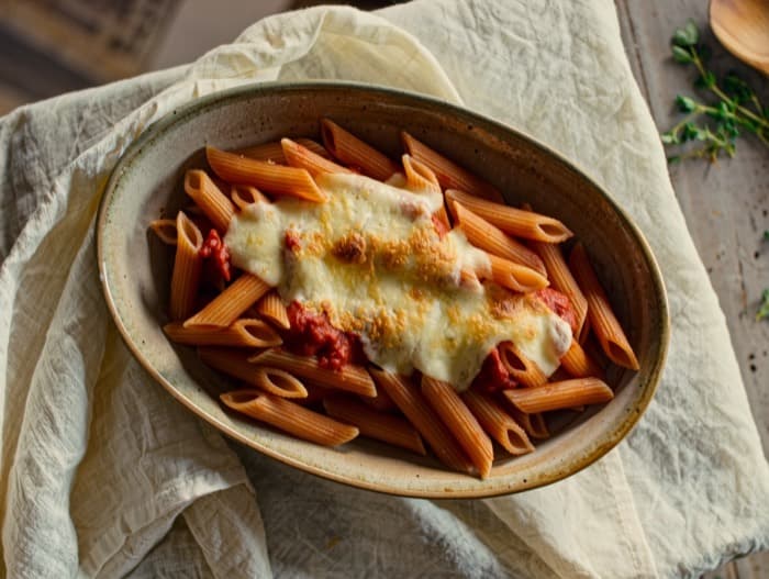 Baked Ziti, plated and ready to serve