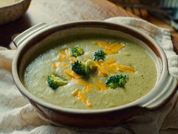 Broccoli Cheddar Soup, plated and ready to serve