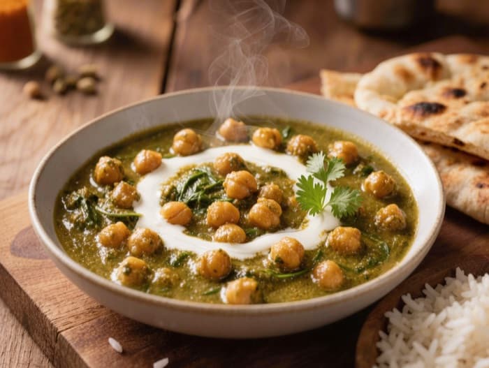 Creamed Spinach and Chickpea Curry, plated and ready to serve