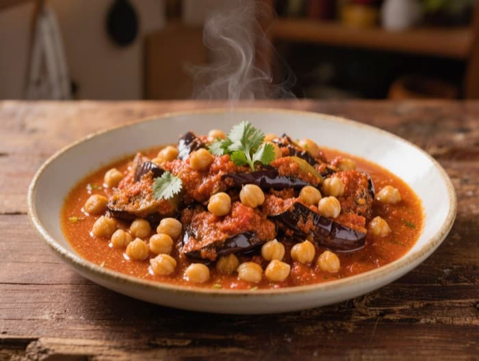 Eggplant and Chickpea Curry, plated and ready to serve