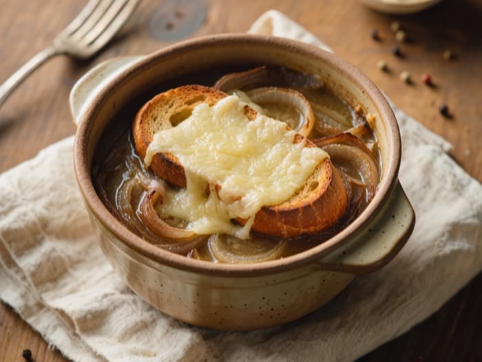 French Onion Soup, plated and ready to serve