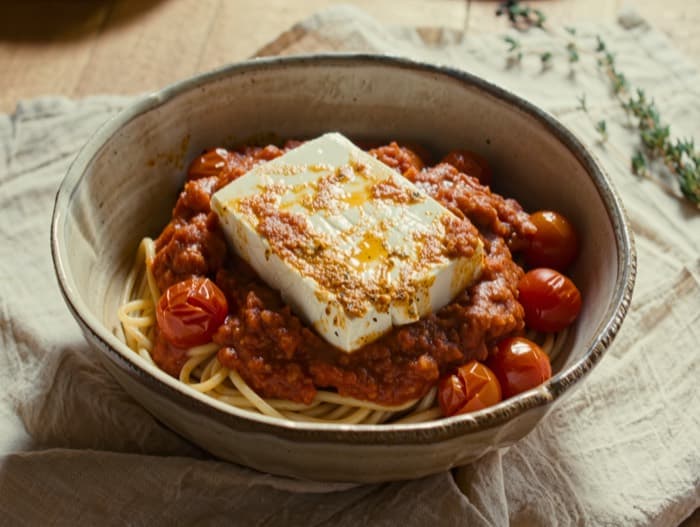 Baked Feta and Tomato Pasta, plated and ready to serve