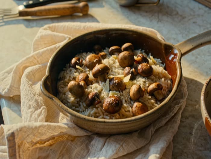 Mushroom Rice Skillet, plated and ready to serve