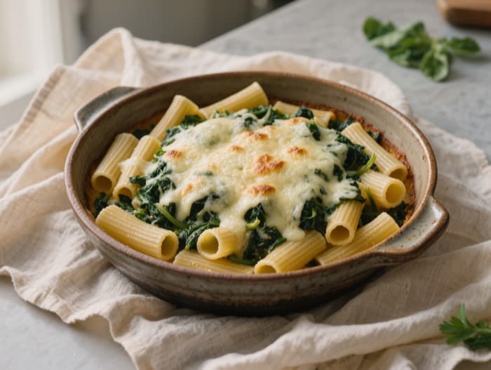 Creamy Spinach and Ricotta Pasta Bake, plated and ready to serve