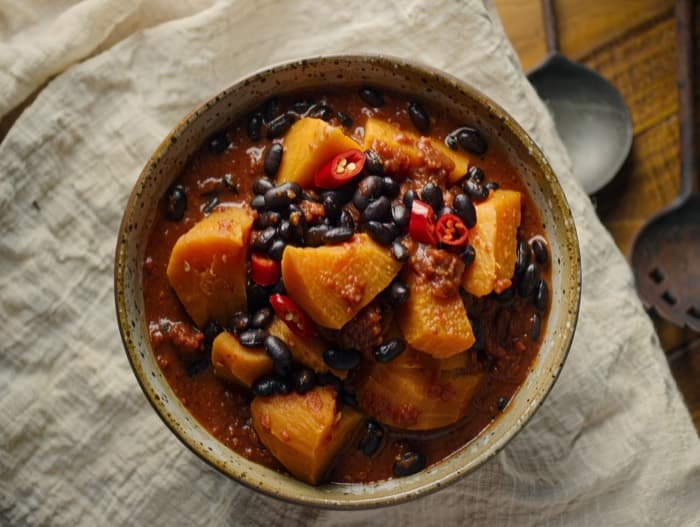 Sweet Potato and Black Bean Chili, plated and ready to serve