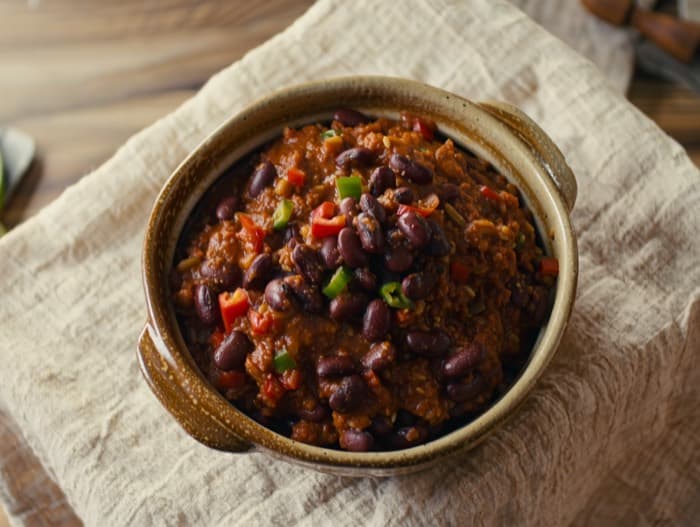 Two-Bean Vegan Chili, plated and ready to serve