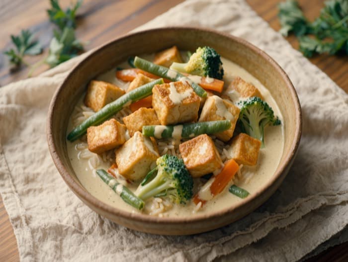 Coconut Curry Tofu and Vegetables, plated and ready to serve