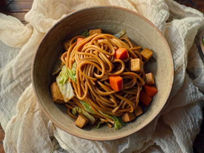 Peanut Noodles with Cabbage and Tofu, plated and ready to serve