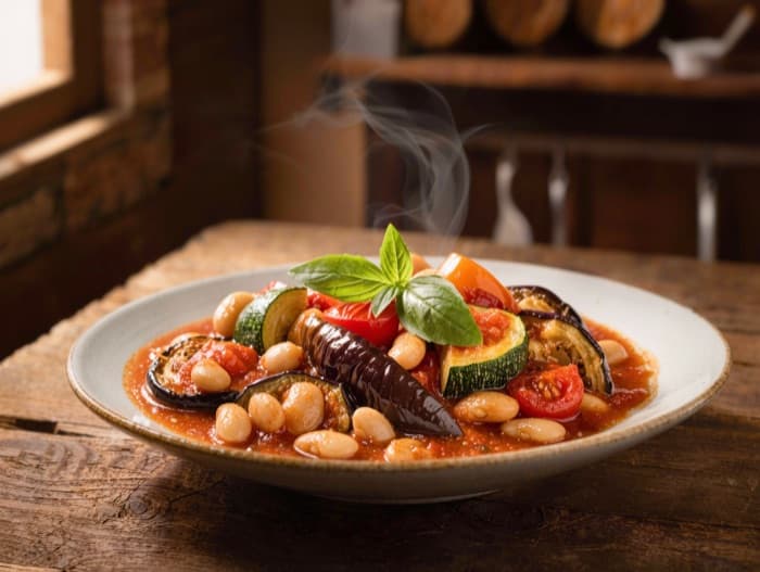 Summer Vegetable Stew with Beans, plated and ready to serve