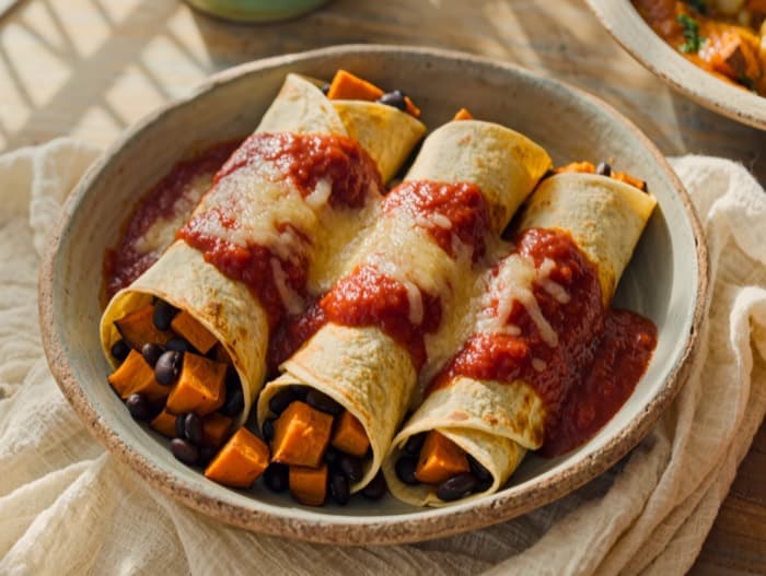 Black Bean and Sweet Potato Enchiladas, plated and ready to serve