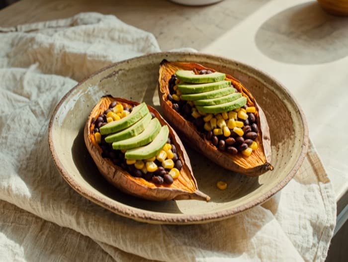 Loaded Black Bean Sweet Potatoes, plated and ready to serve