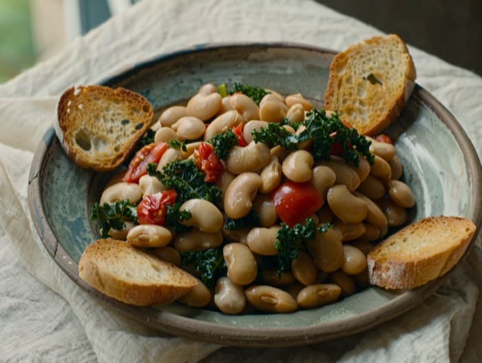 White Beans with Kale and Tomatoes, plated and ready to serve
