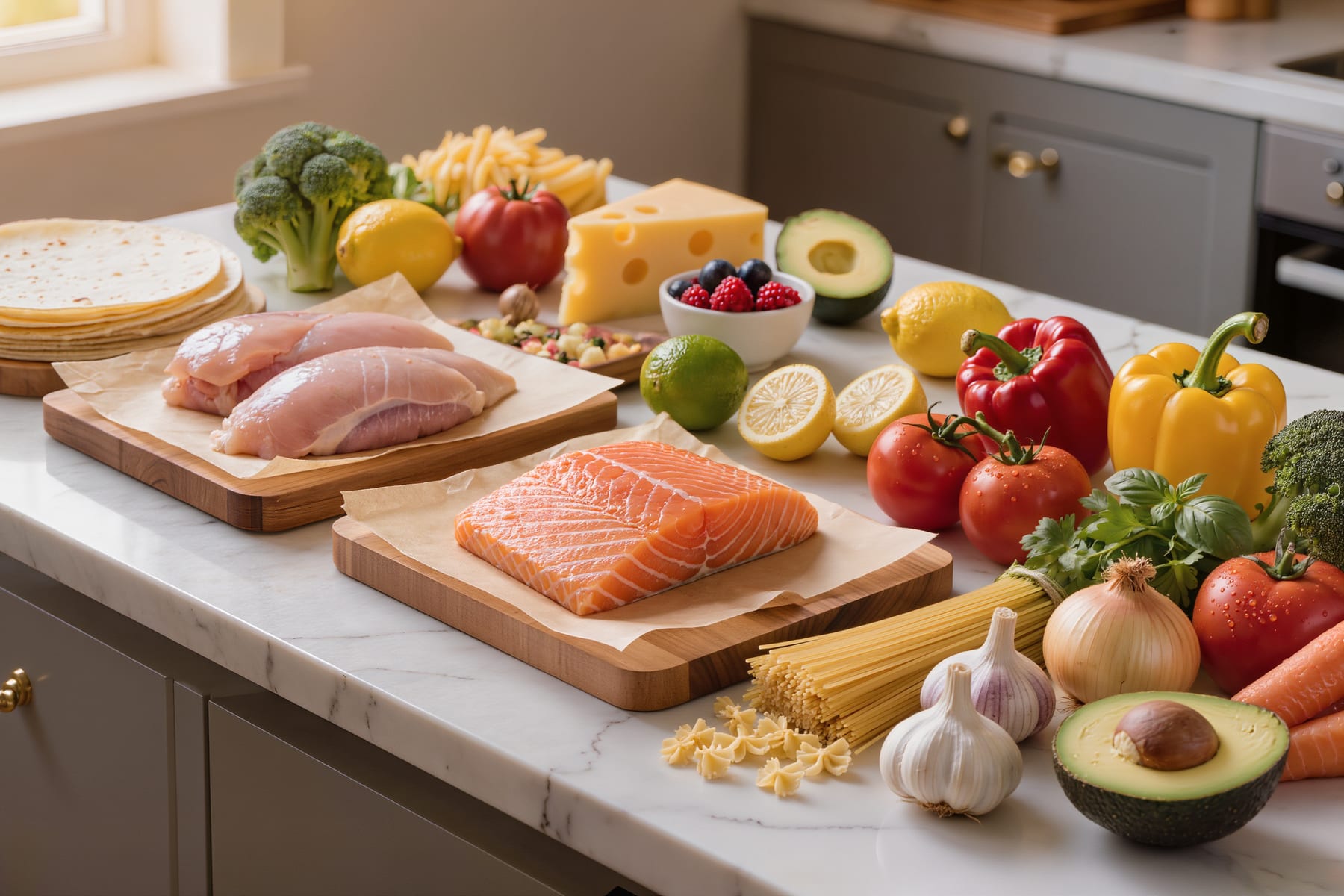 A bright kitchen counter laid out with a week of groceries: chicken breasts and a salmon fillet on wooden boards, tortillas, pasta, cheese, tomatoes, peppers, broccoli, onions, garlic, avocado, lemons and limes, and fresh herbs.